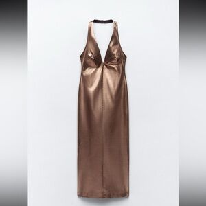 NWT Zara Metallic Brown Halter Midi Dress